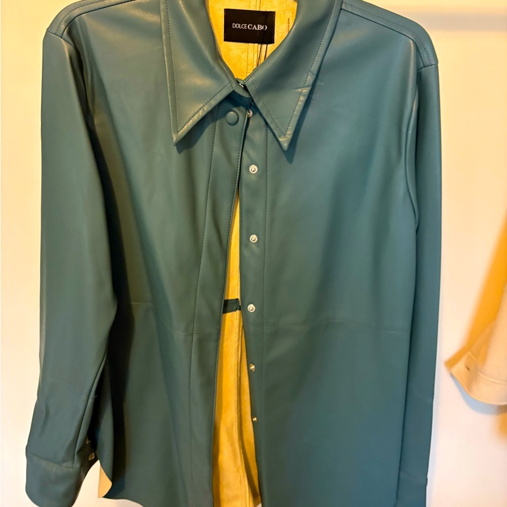 Teal faux leather snap front tunic length shirt.
NWT.